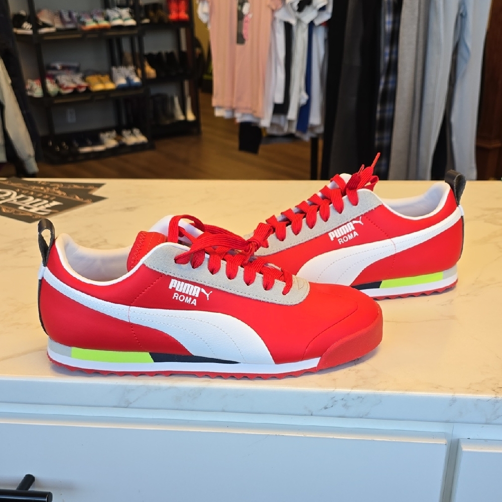 Puma Roma Red and White Sneakers with Neon Accents